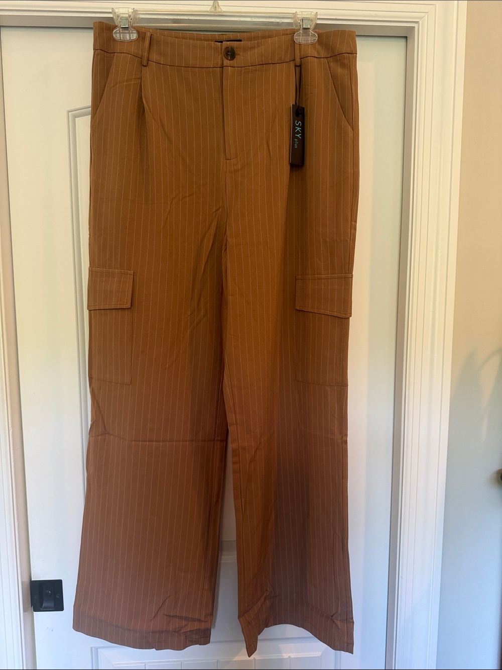 Sky Wide-Leg Cargo Pants in Brown Pinstripe
